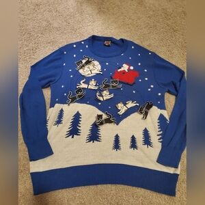 Well Worn Ugly Christmas Blue 3D Cat Reindeer and Santa Sweater Plus Size